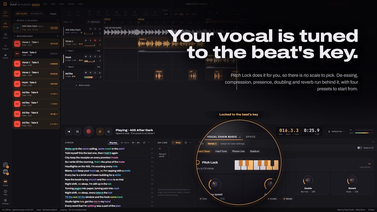 Your vocal is tuned to the beat's key, with the chain running behind it.