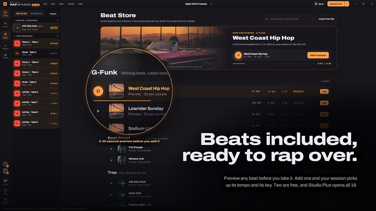 Beats included, with a 30 second preview before you add one.