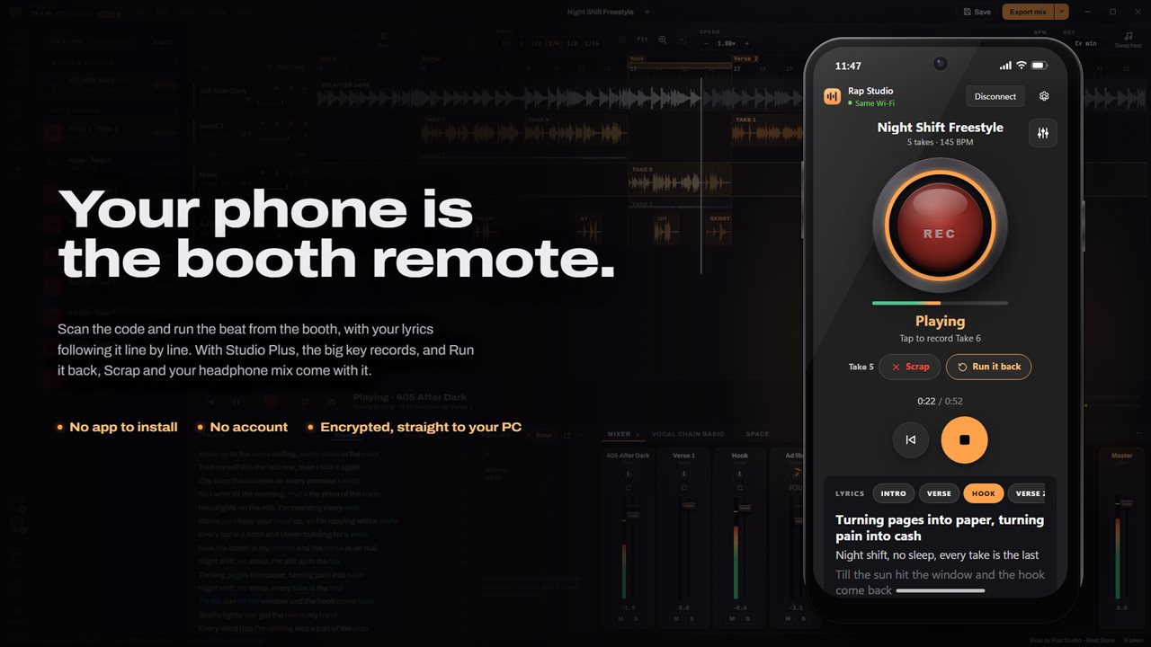 Your phone is the booth remote, with your lyrics following the beat. No app to install, no account, and an encrypted link straight to your PC.