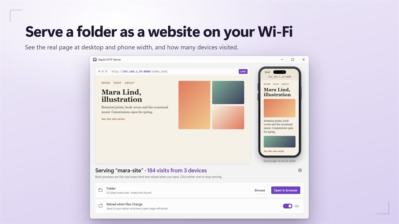 Serve a folder as a website on your Wi-Fi.