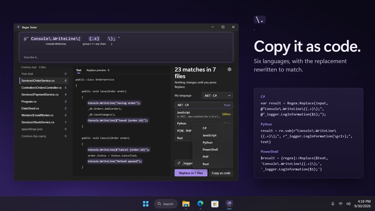 Copy it as code for C#, JavaScript, Python, PowerShell, PHP or Rust.