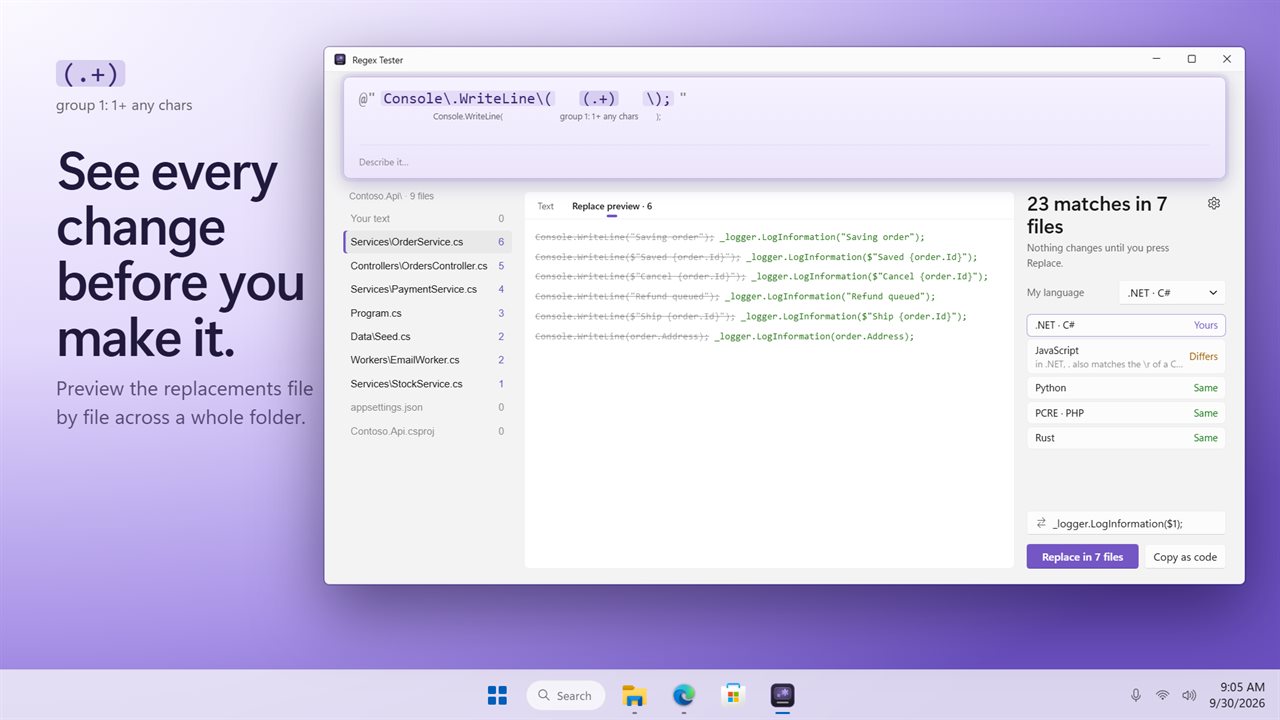 Preview every replacement across a whole folder before you make it.