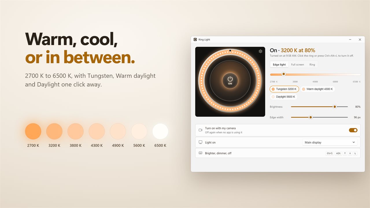 Warm 2700 K to cool 6500 K, with three presets.