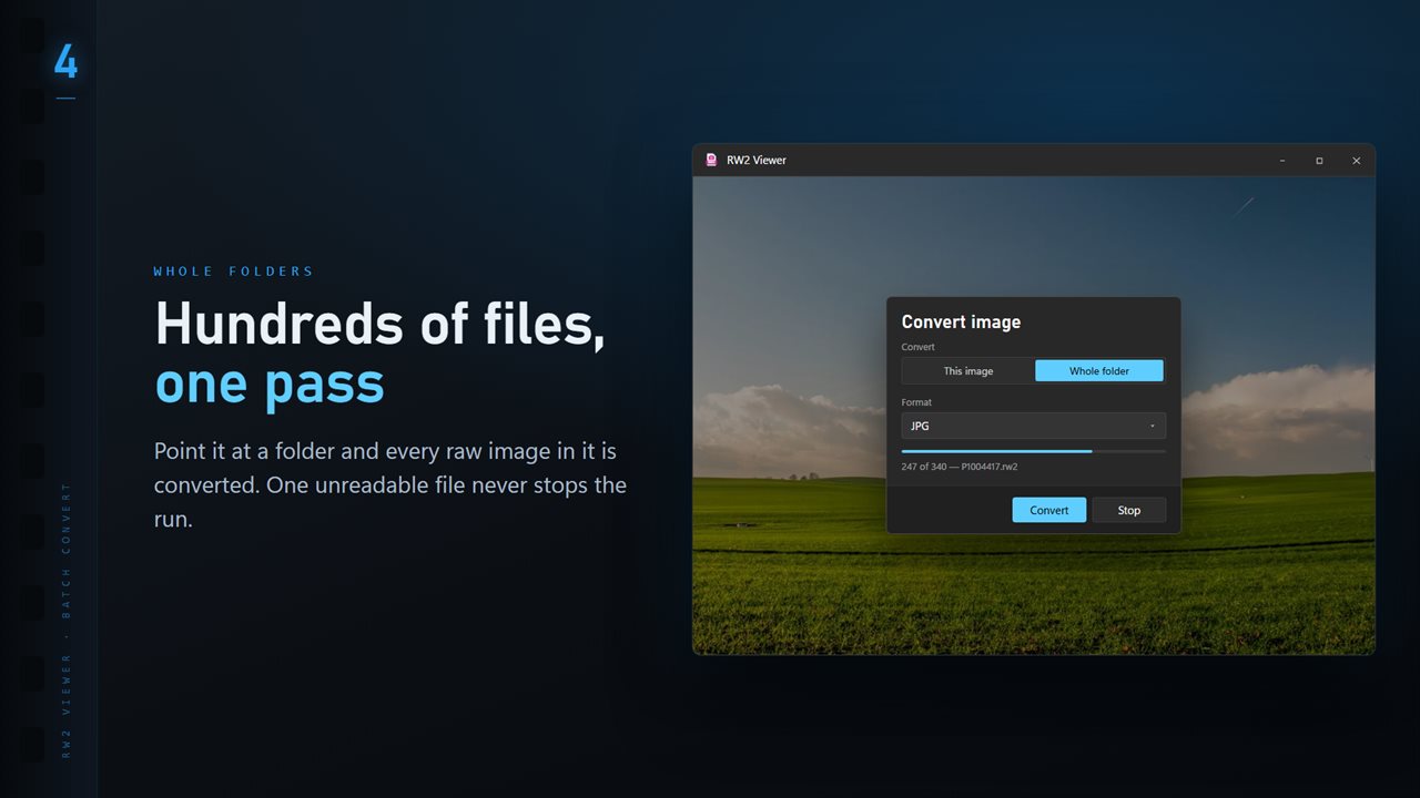 Convert a whole folder in one pass. One unreadable file never stops the run.