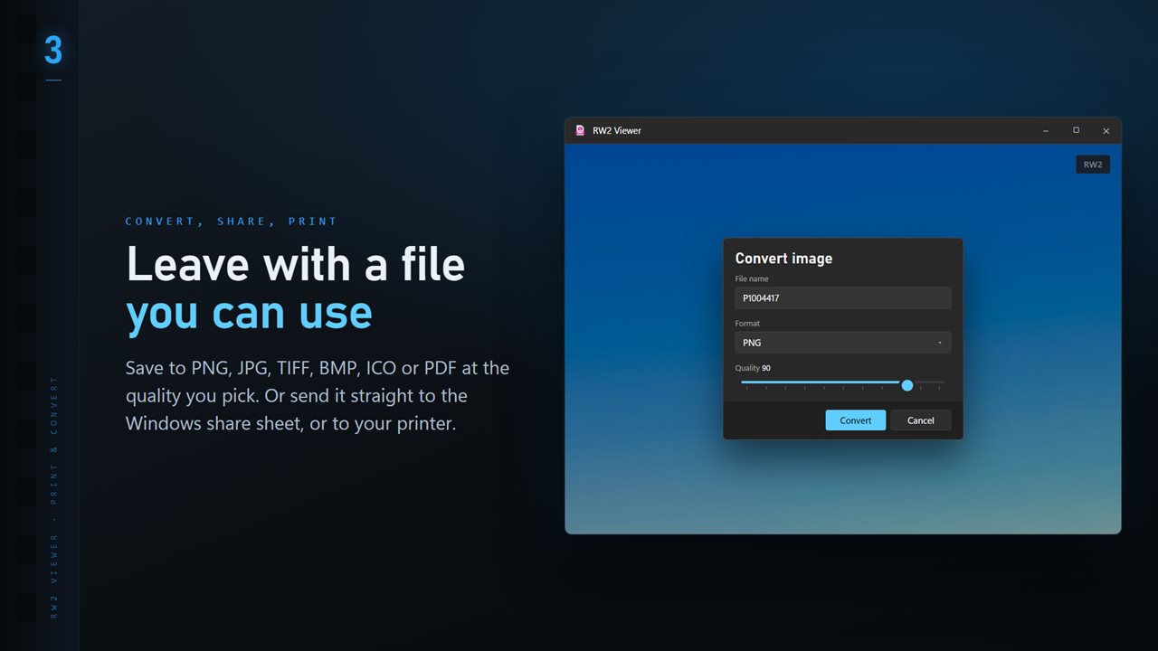 Save to PNG, JPG, TIFF, BMP, ICO or PDF at the quality you pick.