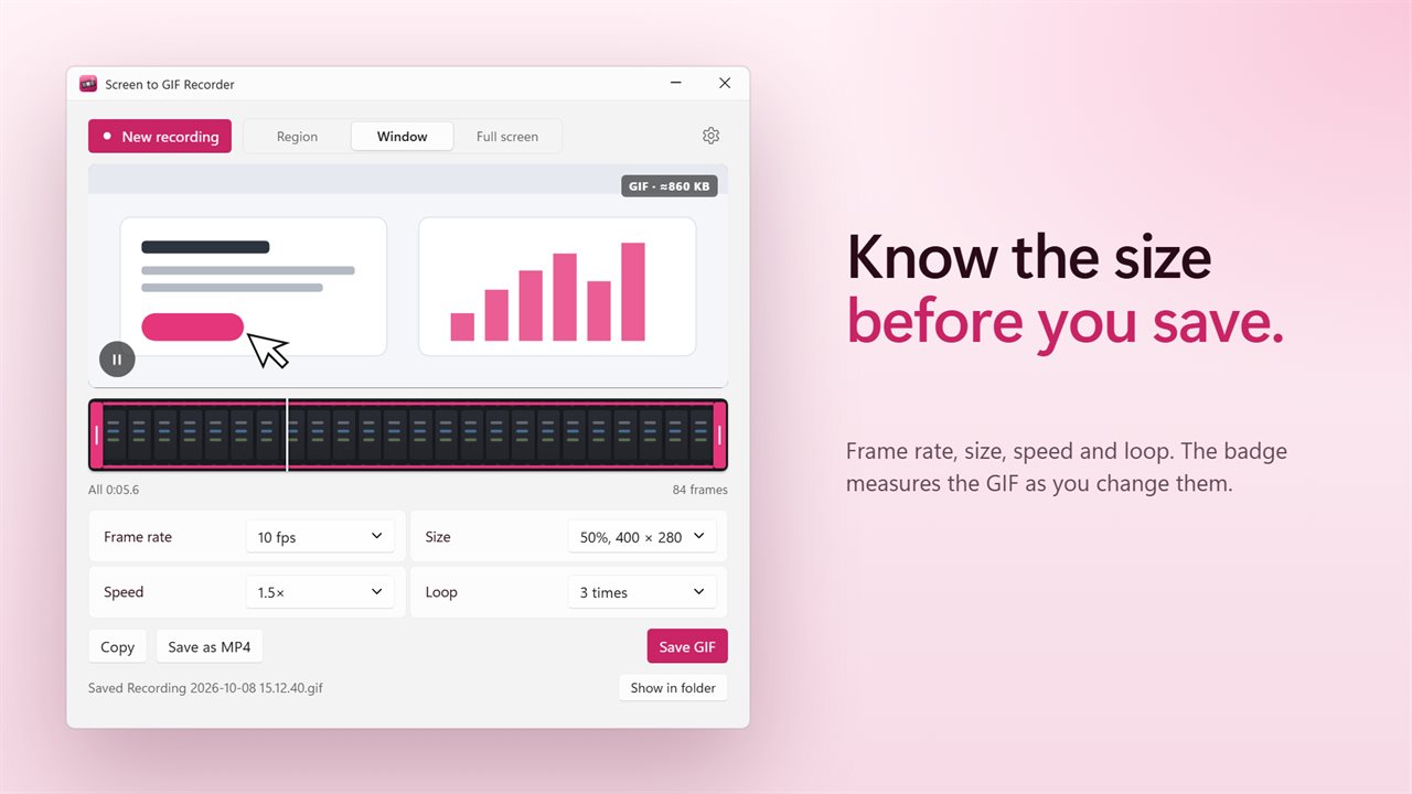 See how big the GIF will be as you tune it.