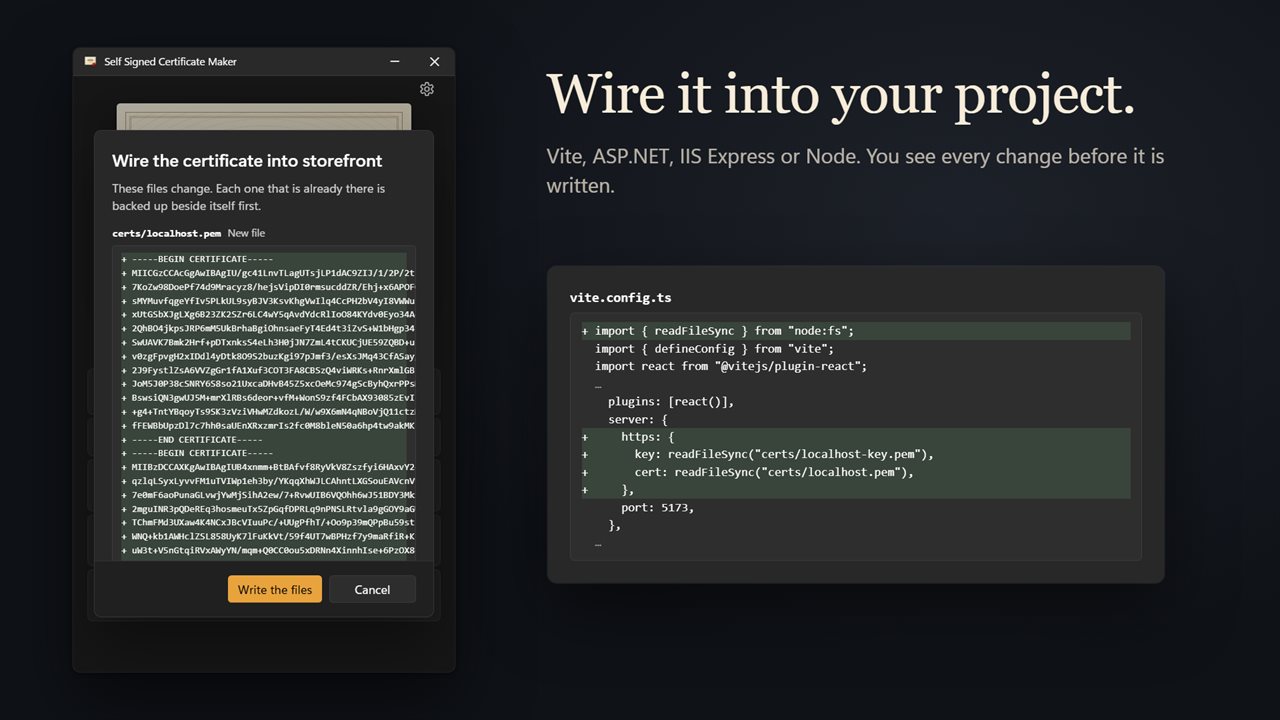 Wire it into a Vite, ASP.NET, IIS Express or Node project, and see every change first.