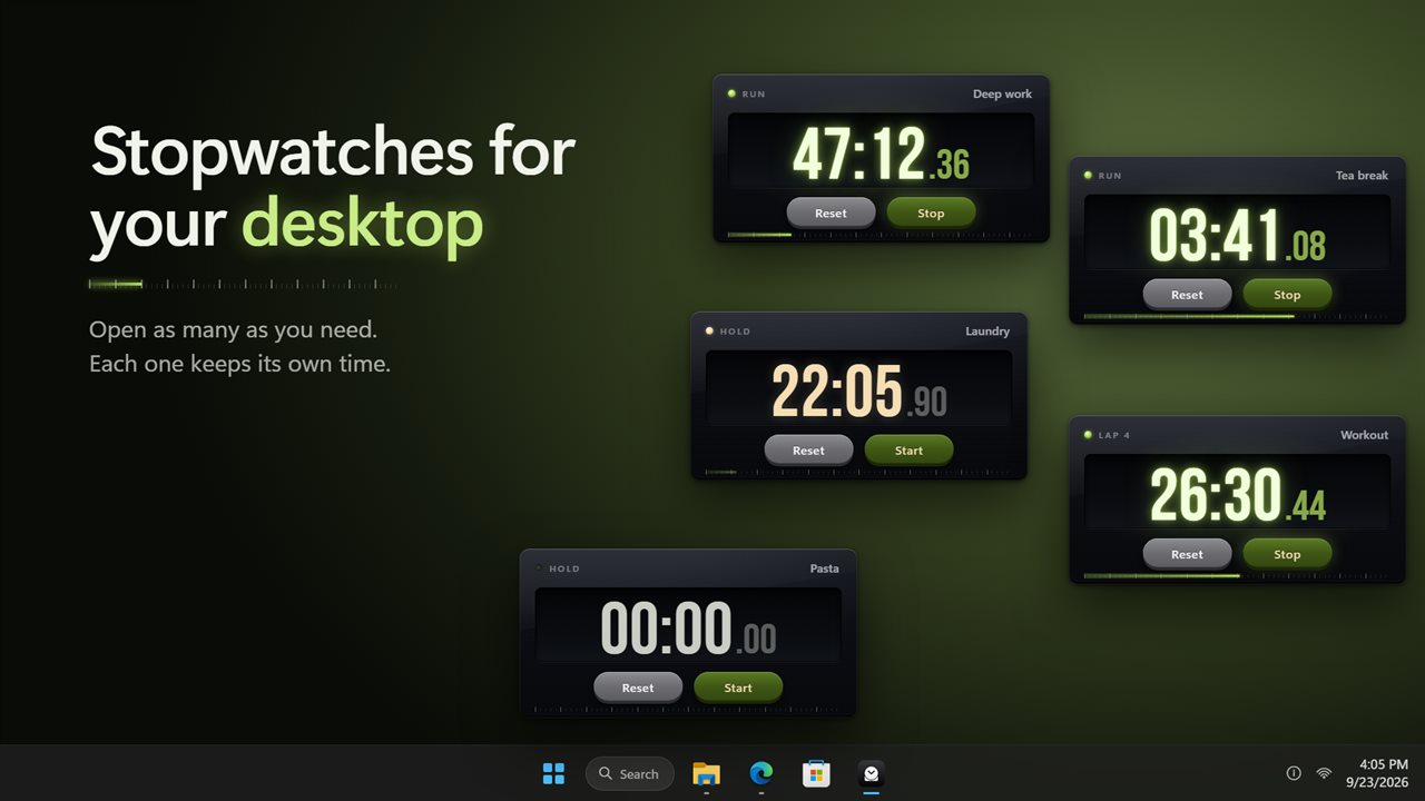 As many stopwatches as you need, right on your desktop.
