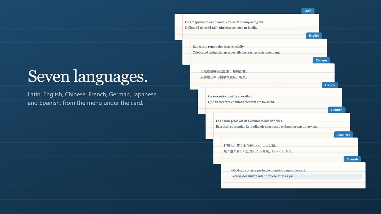 Placeholder text in seven languages.