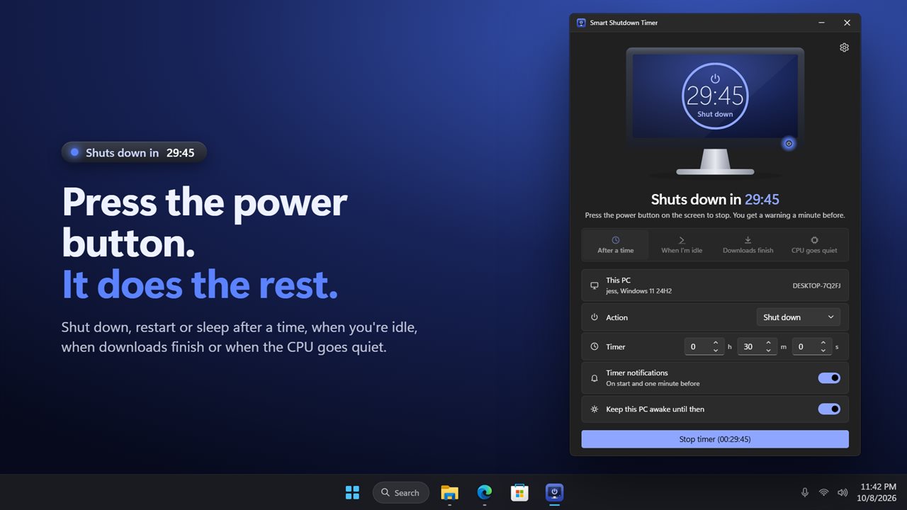 Press the power button on the screen. It counts down to the action.