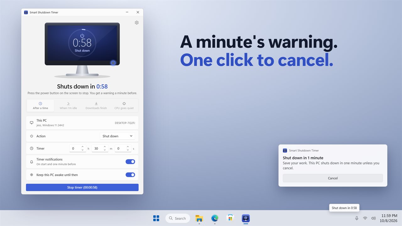 A warning a minute before, with a Cancel button.
