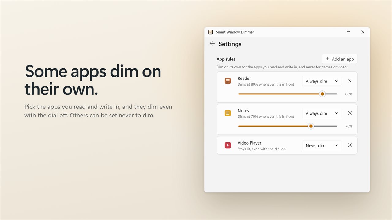 Some apps dim on their own, even with the dial off. Others never dim.