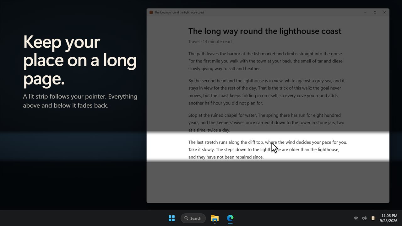 Ruler mode lights a strip under your pointer, so you keep your place on a long page.