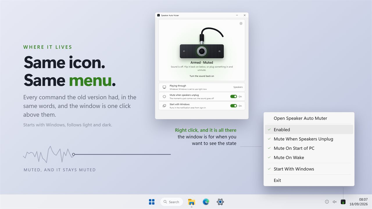 The same notification-area menu it has always had, with the window a click away.