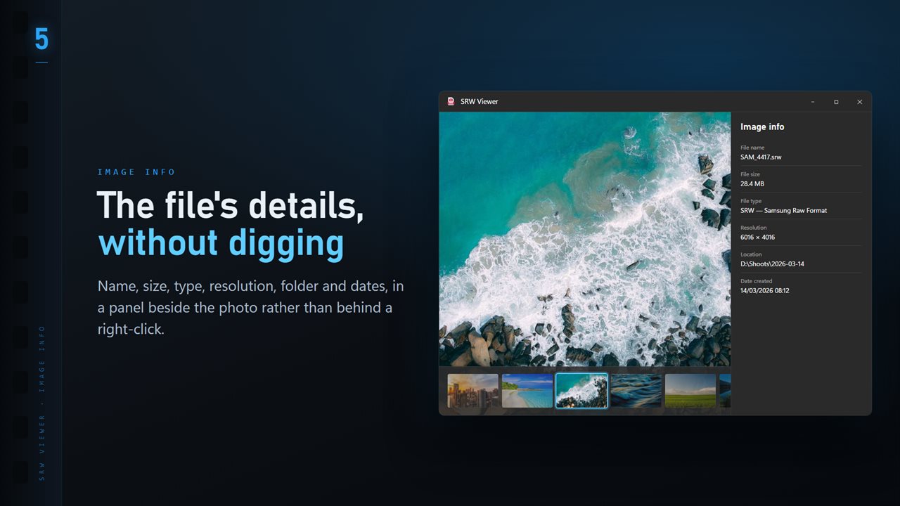 Name, size, type, resolution and dates, in a panel beside the image.