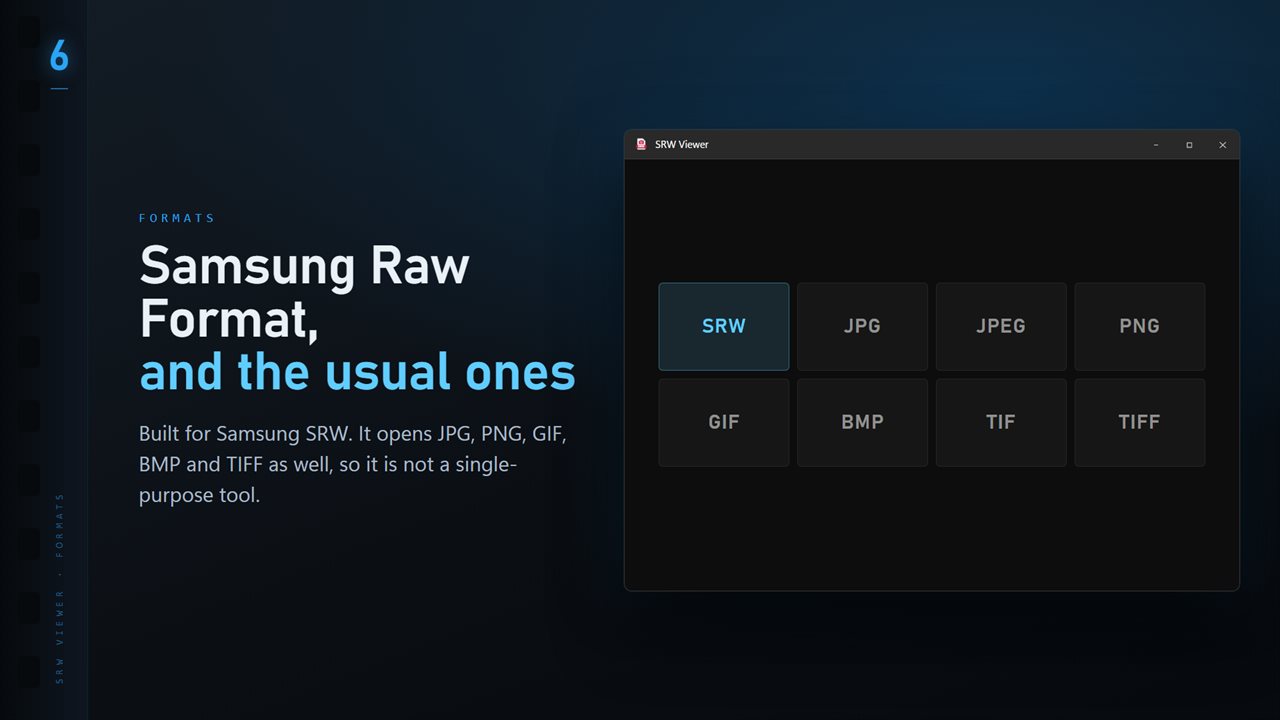 SRW plus the everyday formats: JPG, PNG, GIF, BMP and TIFF.