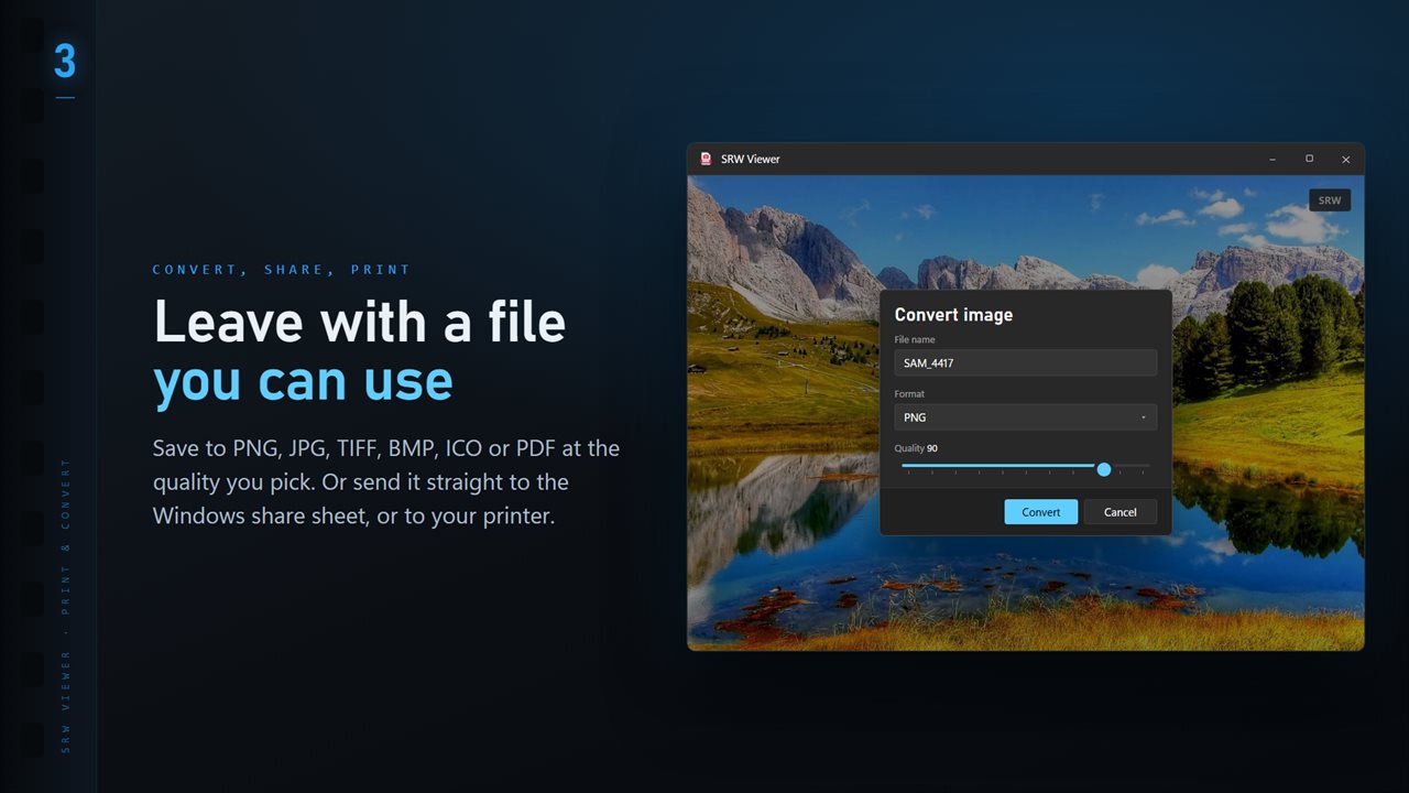 Save to PNG, JPG, TIFF, BMP, ICO or PDF at the quality you pick.