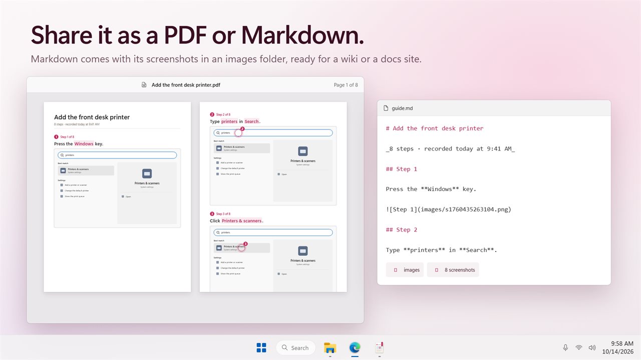 Export as a PDF, or as Markdown with its images.
