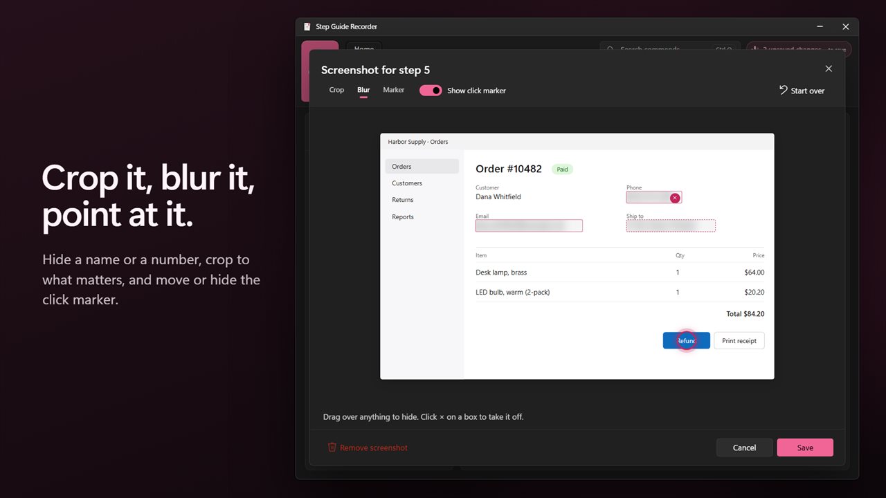 Crop a screenshot, blur part of it, or move the click marker.