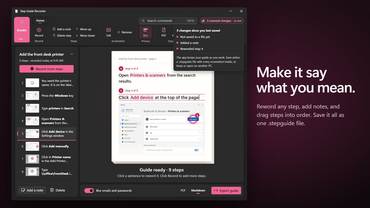 Reword any step, add notes and drag steps into order.