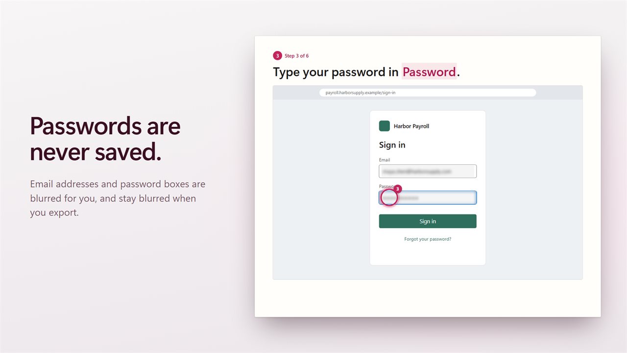 Passwords are never saved, and emails are blurred for you.