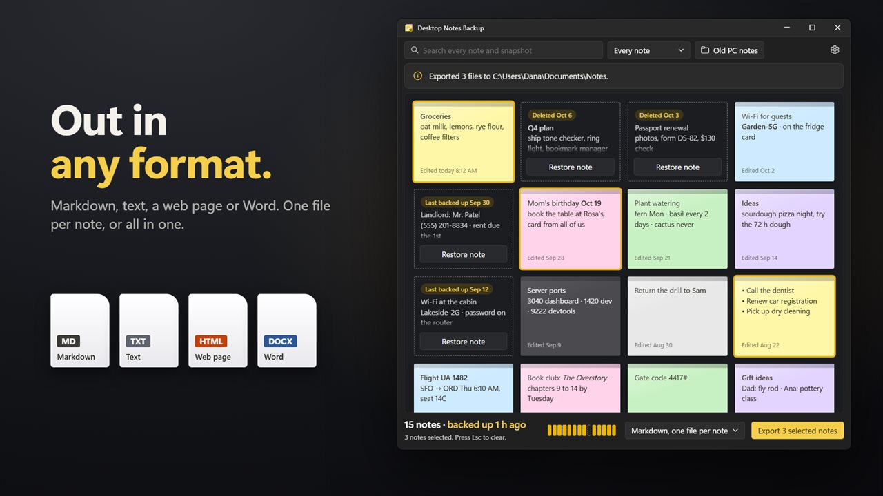 Export to Markdown, text, a web page or Word.