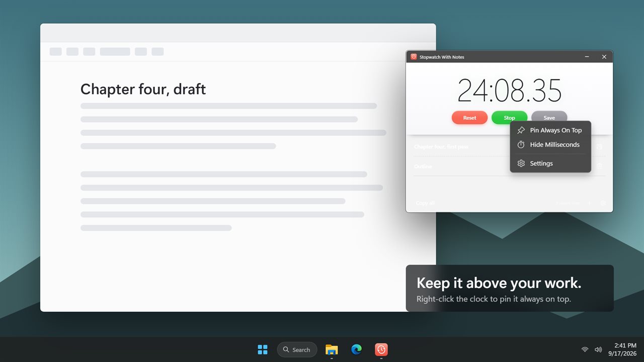 Pin it always on top of your work from the right-click menu.