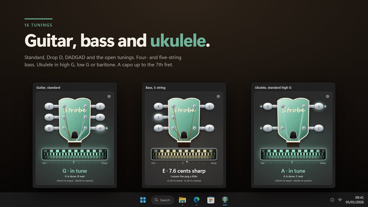 Guitar, bass and ukulele in 16 tunings, with a capo up to the 7th fret.