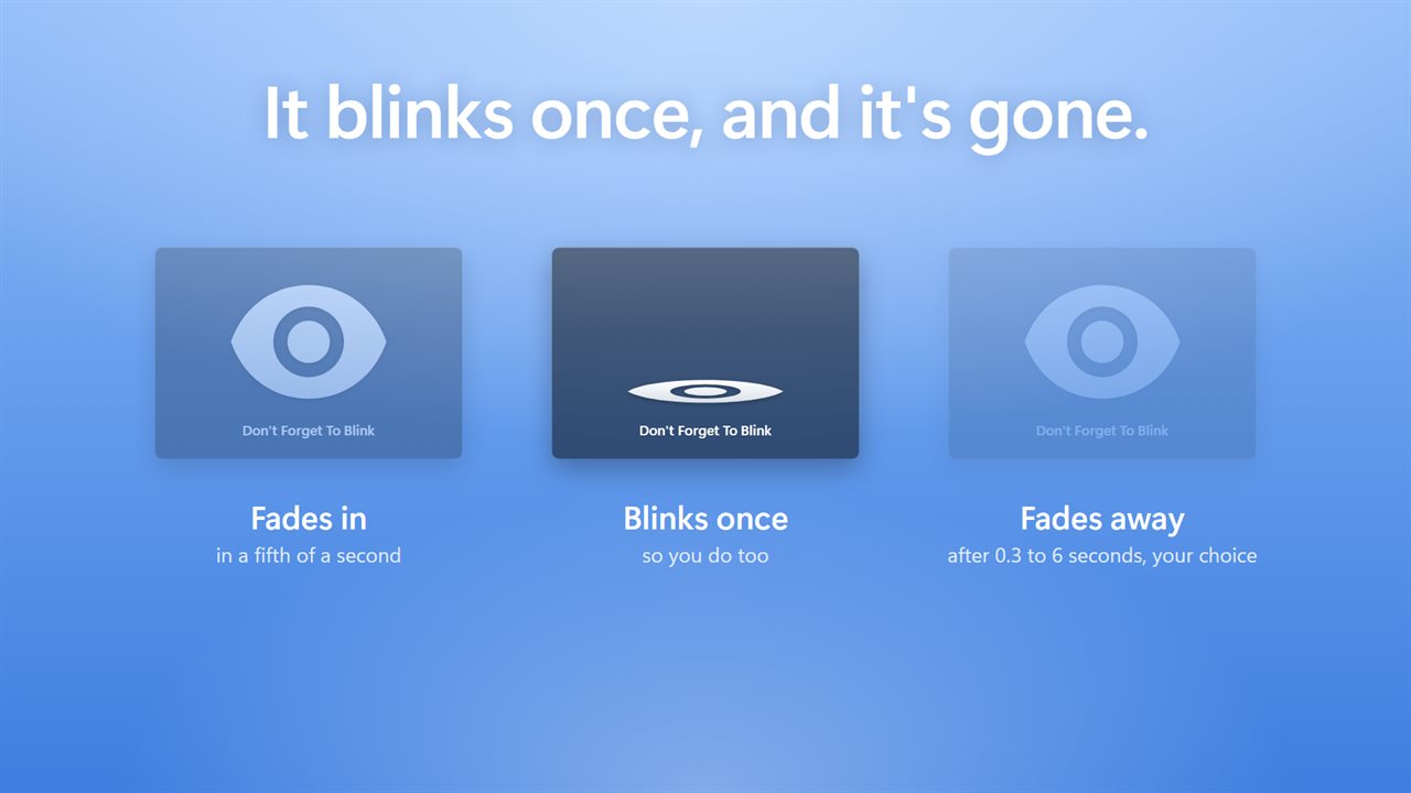 The card fades in, the eye blinks once, and it is gone.