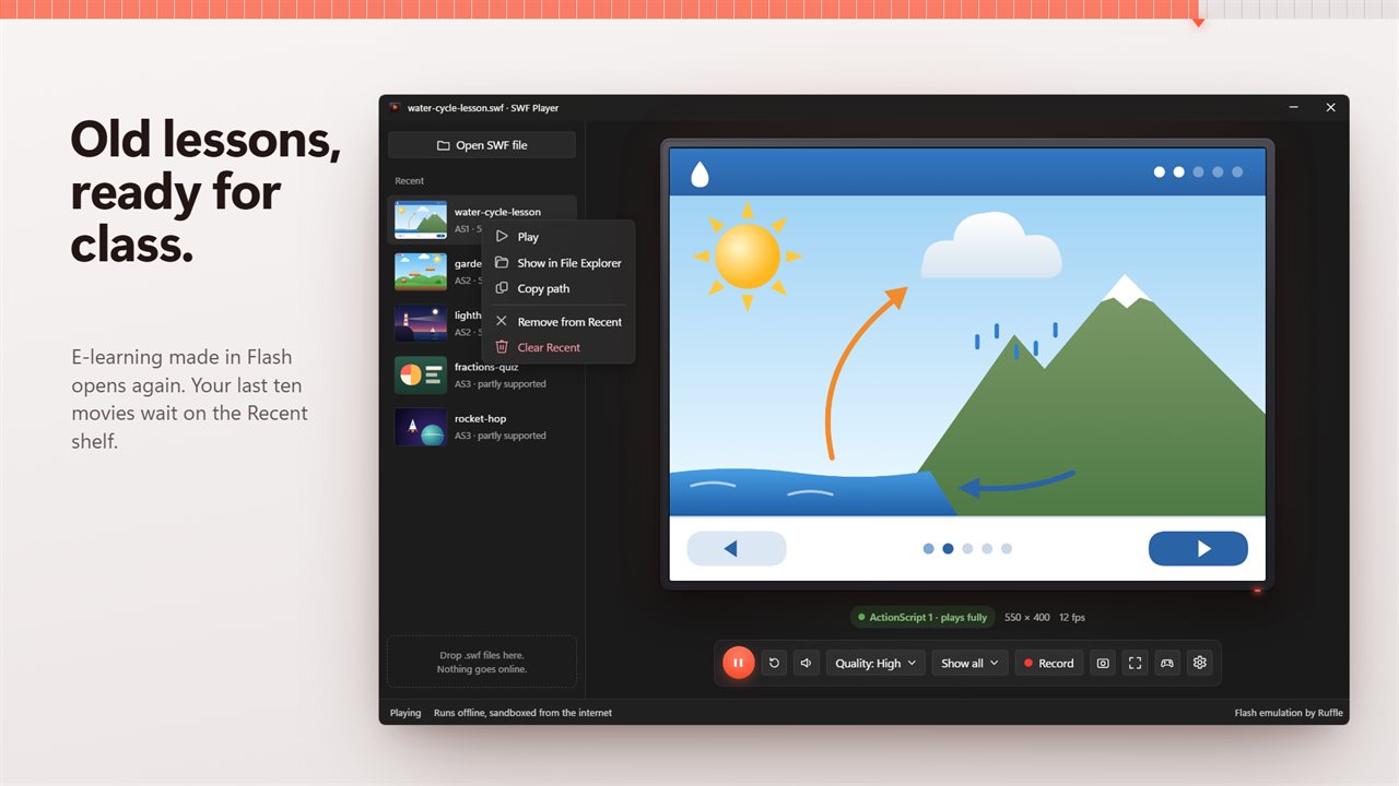 Old e-learning lessons play again, and stay on your Recent shelf.