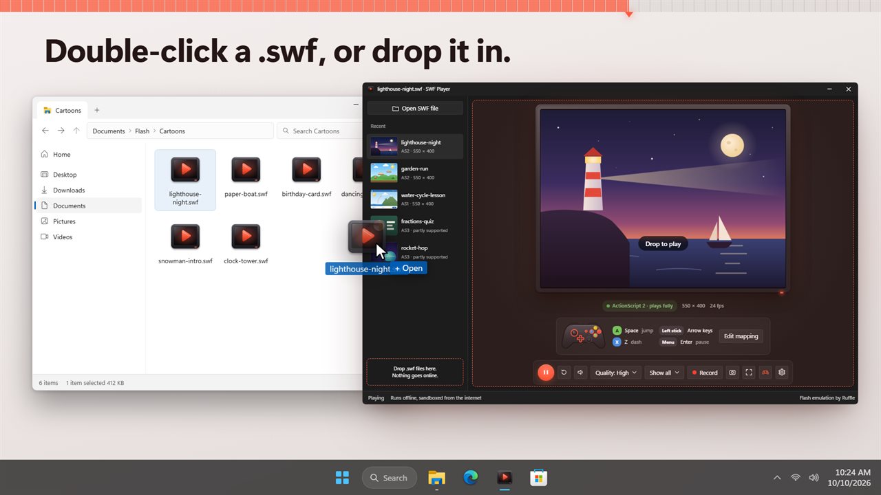 Drop a .swf on the window, or double-click it in File Explorer.