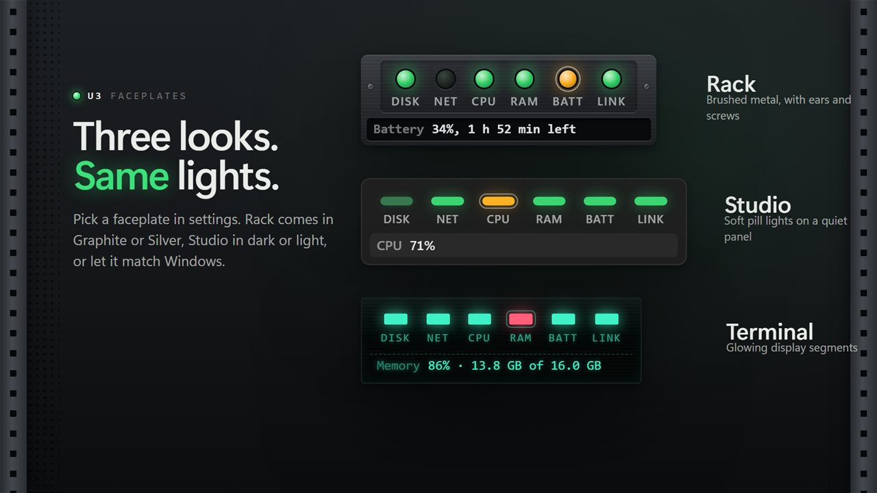 Three looks with the same lights: Rack, Studio and Terminal.