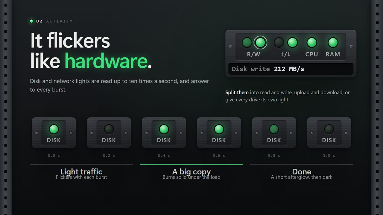 Disk and network lights flicker with light traffic, burn solid under a big copy, then fade.