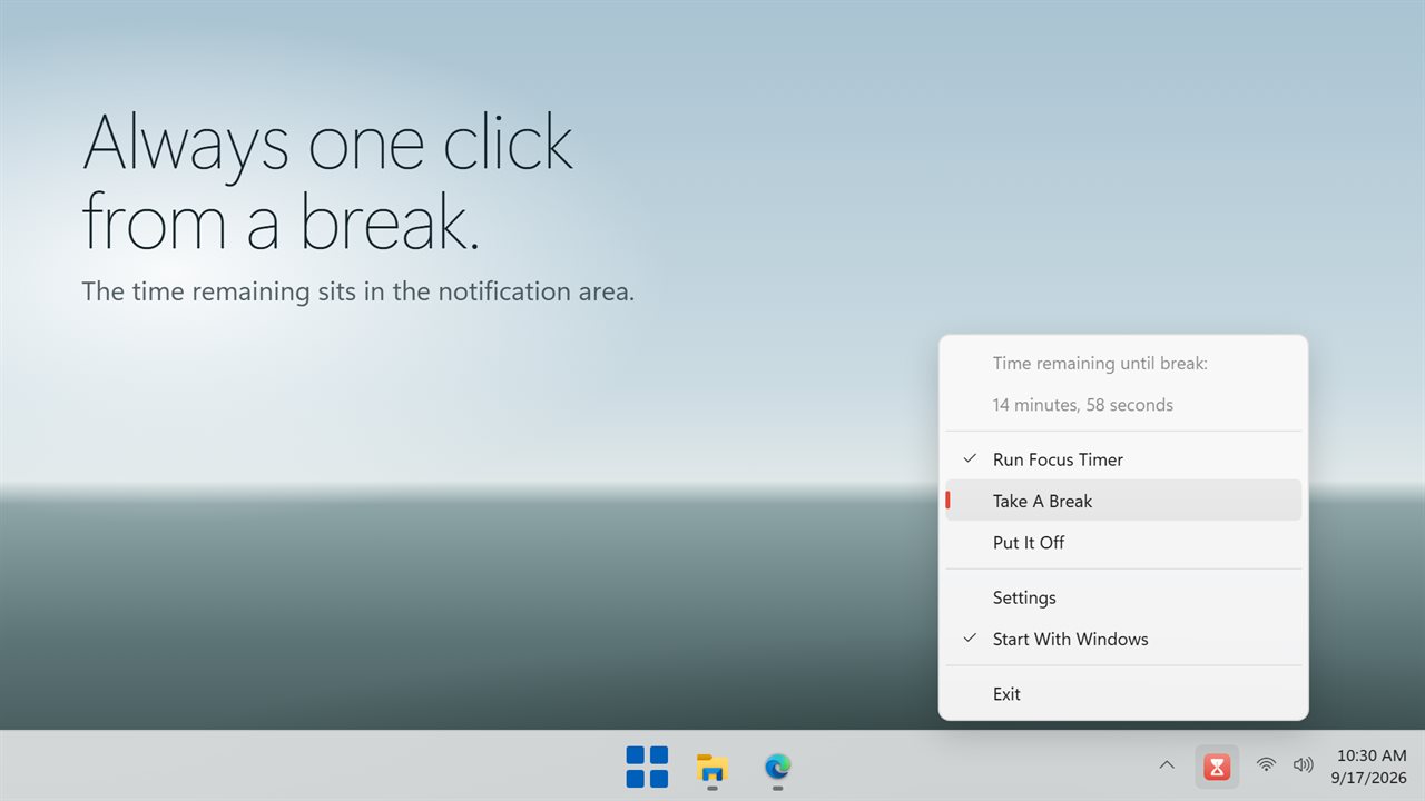 The notification area shows the time remaining until your break.