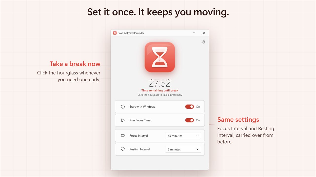 Set your Focus Interval and Resting Interval, and watch the time run down.