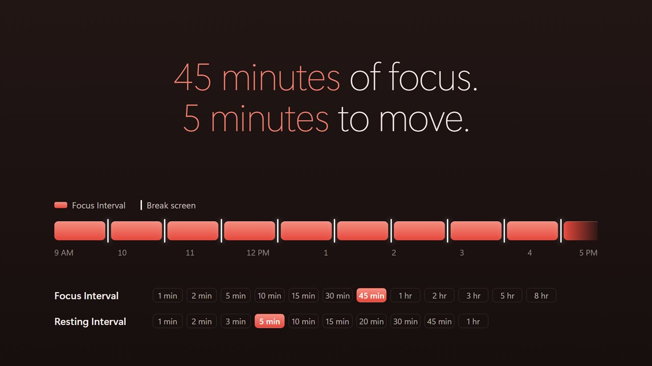 Focus for 1 minute to 8 hours, rest for 1 minute to an hour, all day.