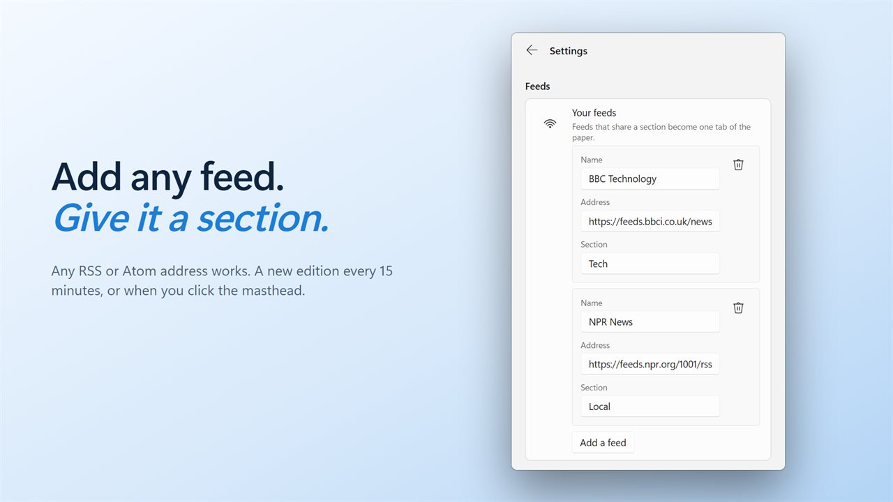 Add any feed and give it a section.