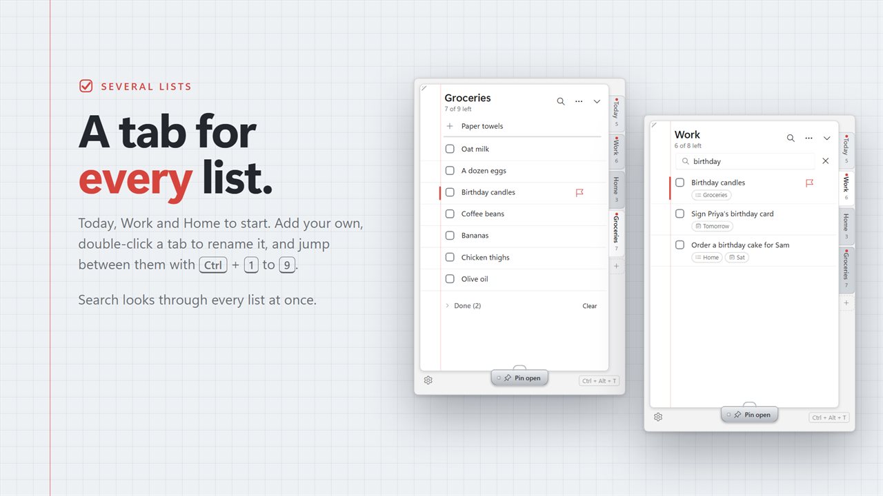 A tab for every list, and one search across all of them.