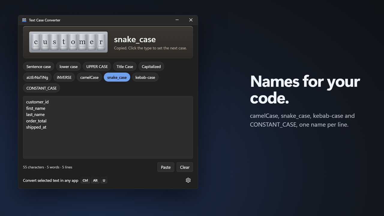 camelCase, snake_case and kebab-case for your code.