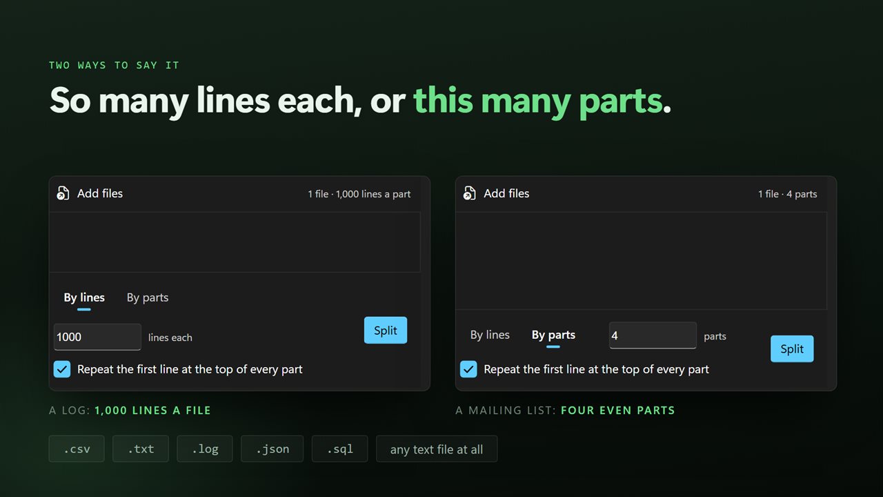 By lines per part, or into a set number of even parts.