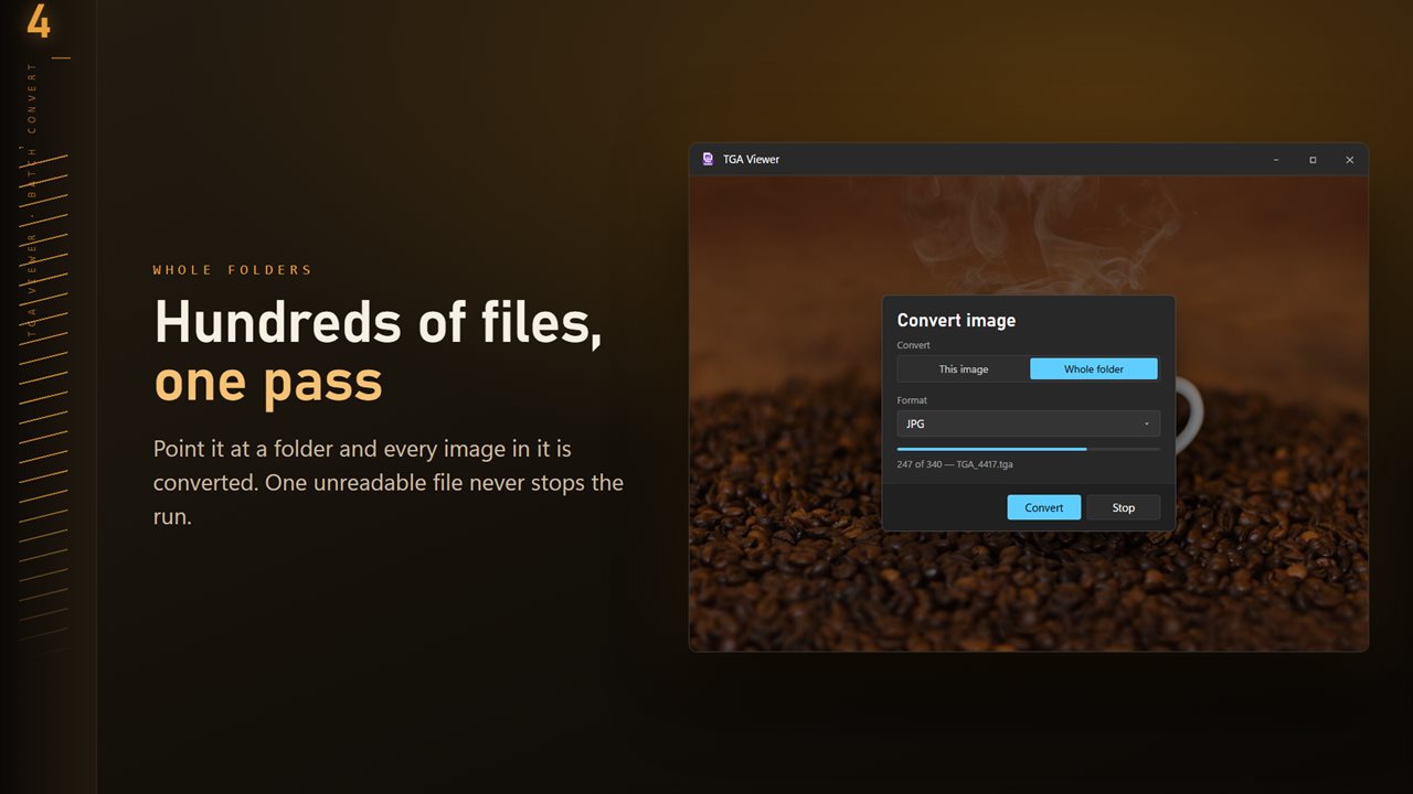 Convert a whole folder in one pass. One unreadable file never stops the run.