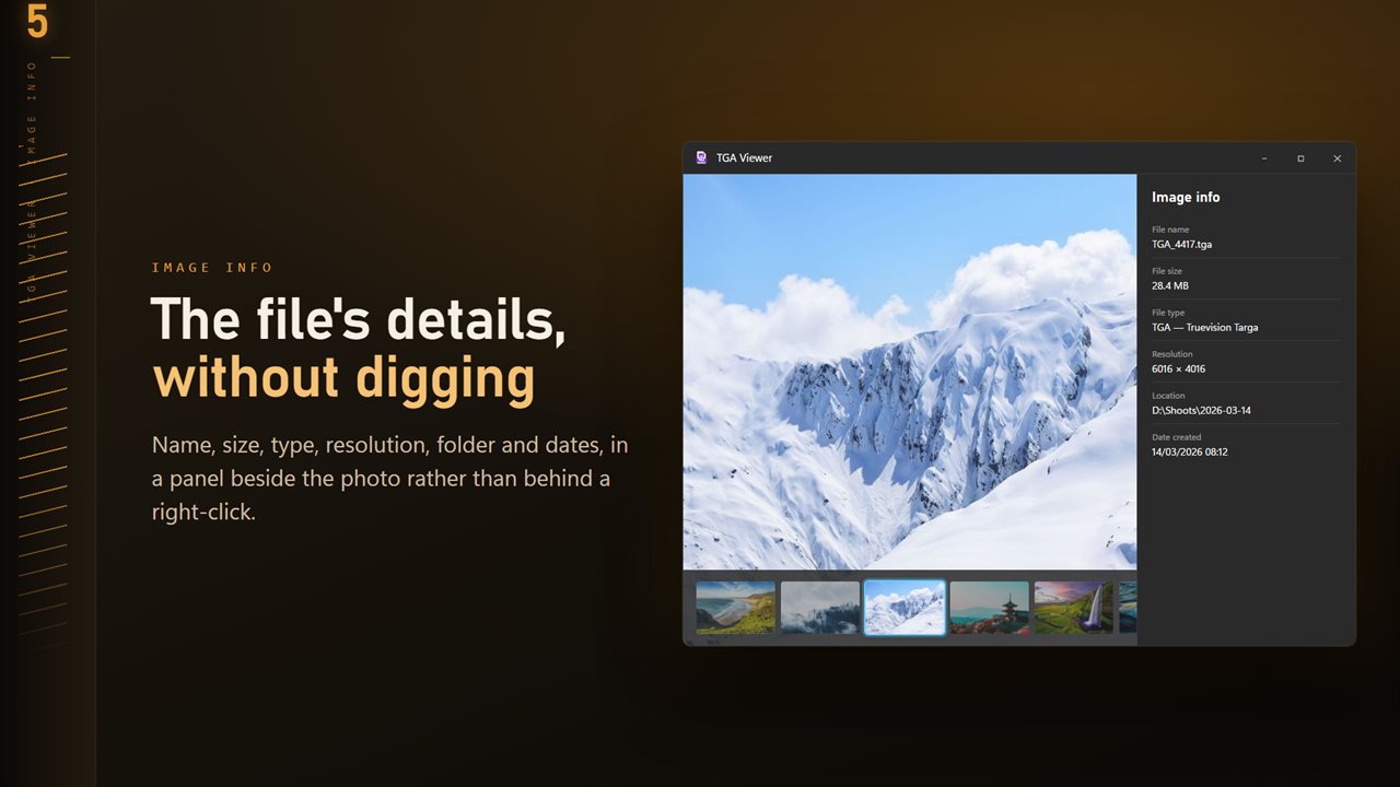 Name, size, type, resolution and dates, in a panel beside the image.