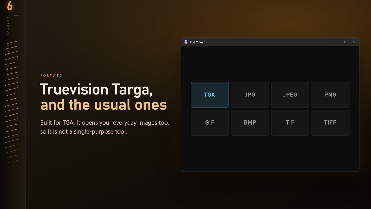 TGA plus the everyday formats: JPG, PNG, GIF, BMP and TIFF.
