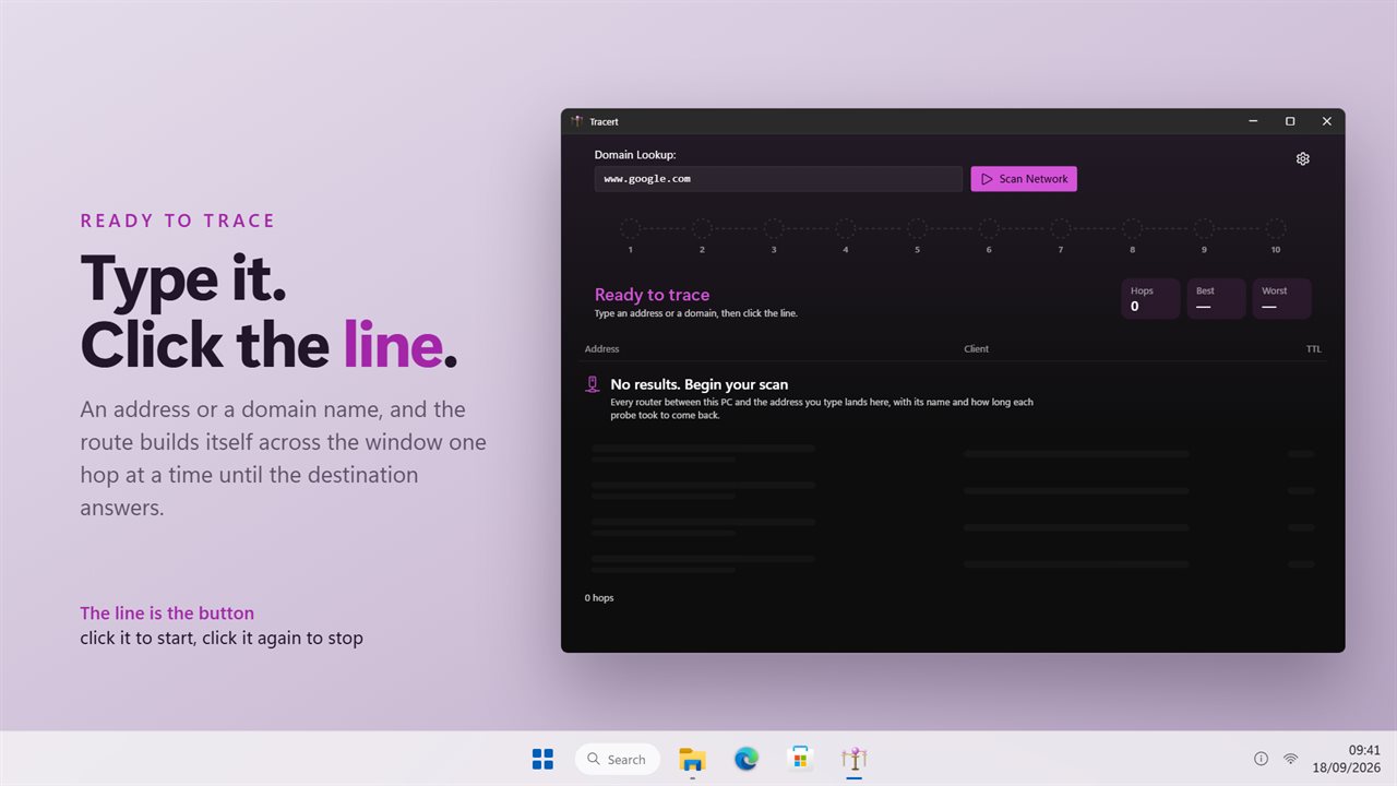 Type an address or a domain, then click the line to start the trace.