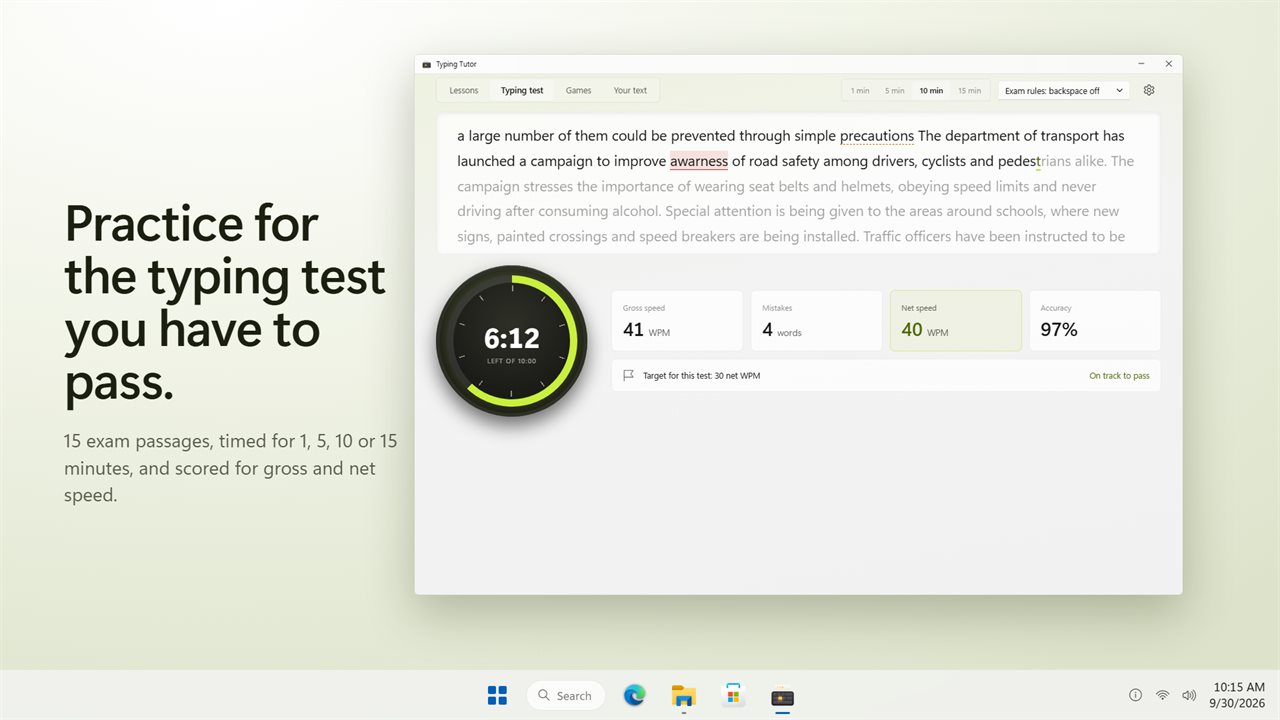 Timed typing tests with exam passages and net WPM.