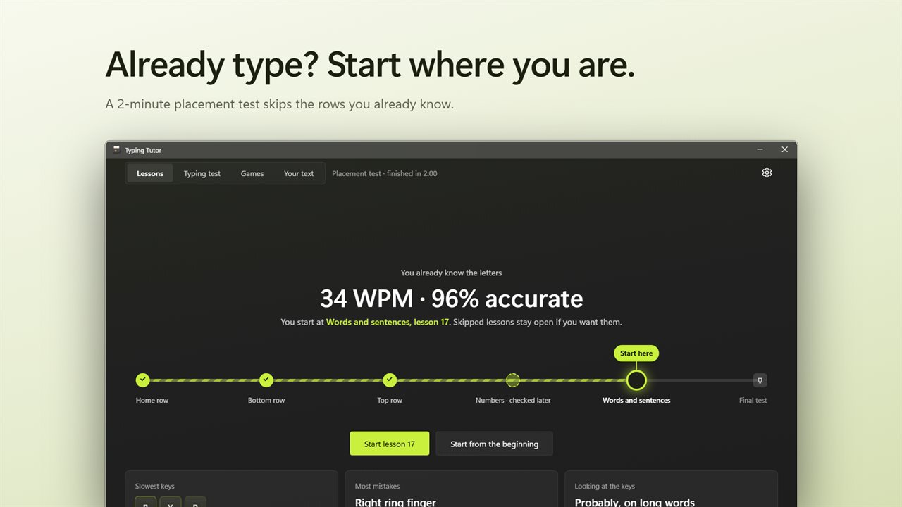 A 2-minute placement test skips the rows you already know.