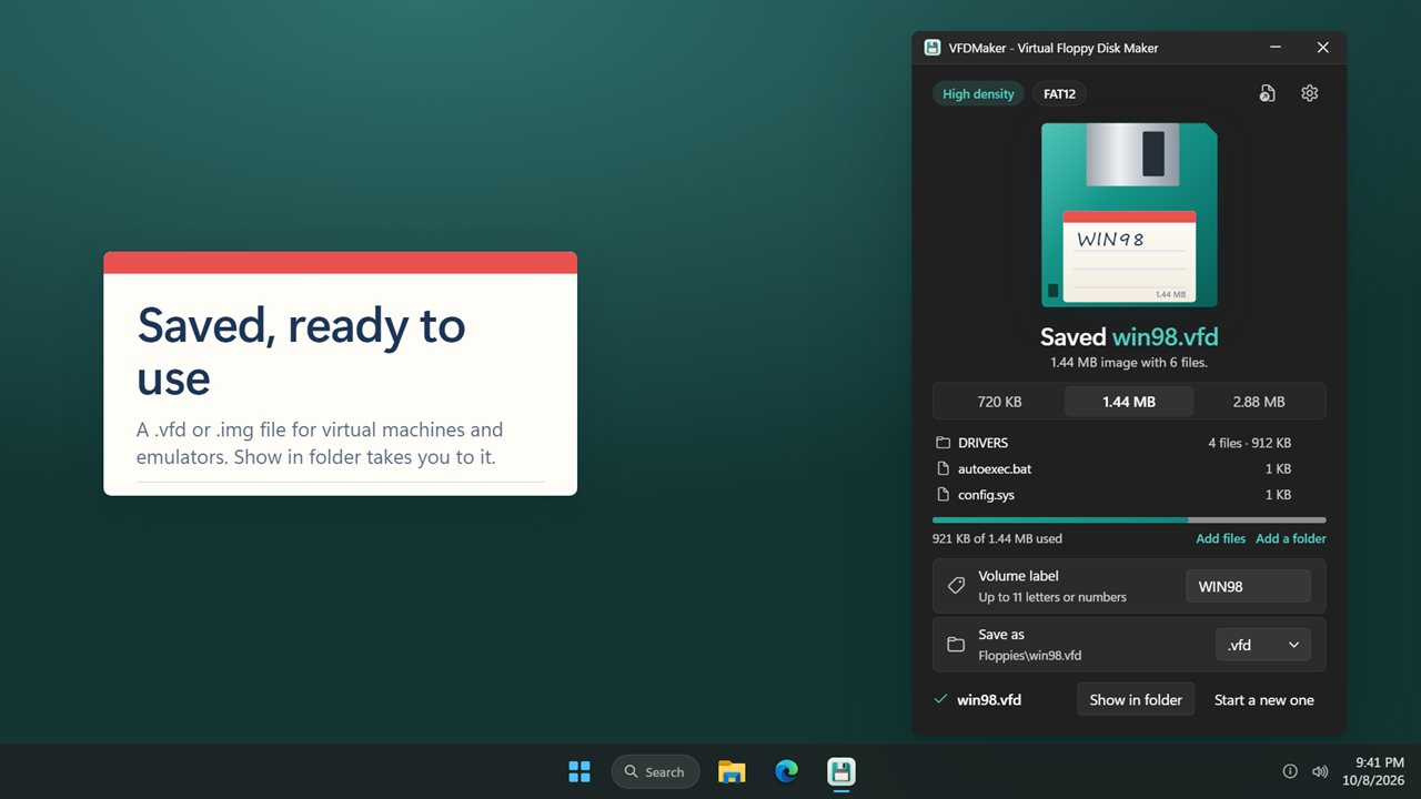 Saved as .vfd or .img, with Show in folder.