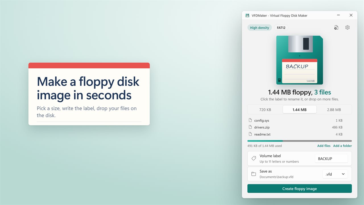 Make a floppy disk image in seconds.