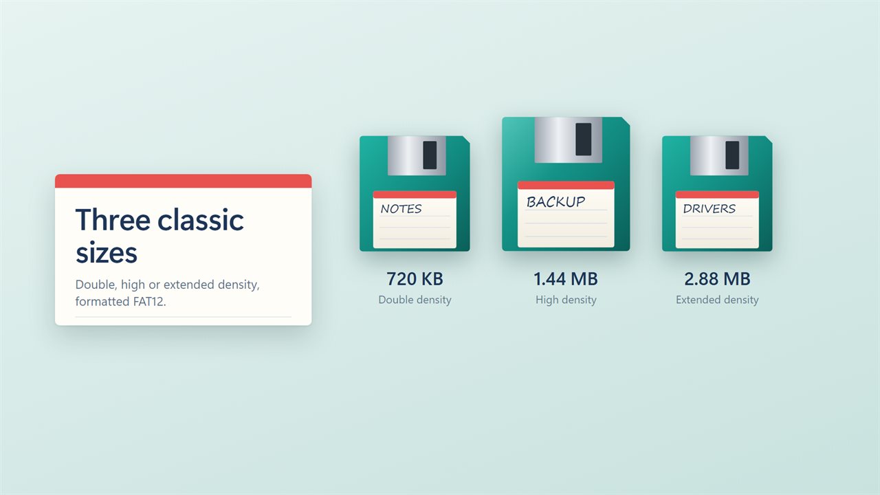 720 KB, 1.44 MB or 2.88 MB, formatted FAT12.
