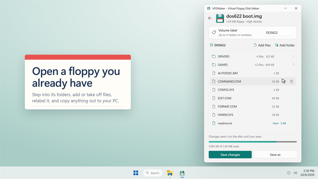 Open a floppy image to browse it, change it and copy files out.